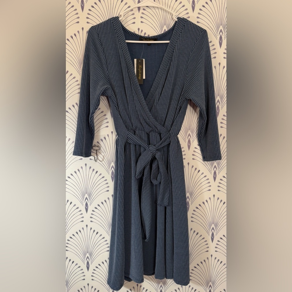 Blue Wrap Midi Dress with Tie Front and V-Neck
